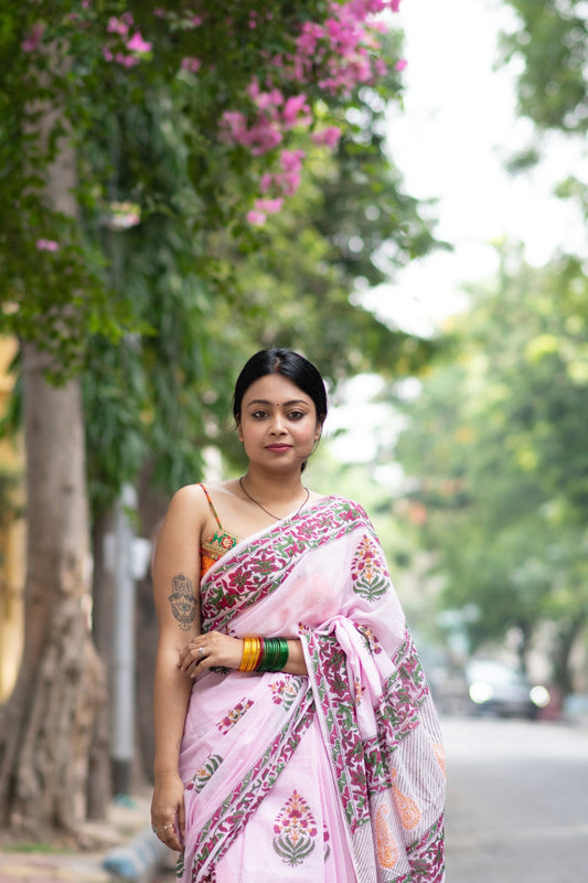 Pink Mughal Print Mul Cotton Saree