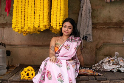 Pink Mughal Print Mul Cotton Saree