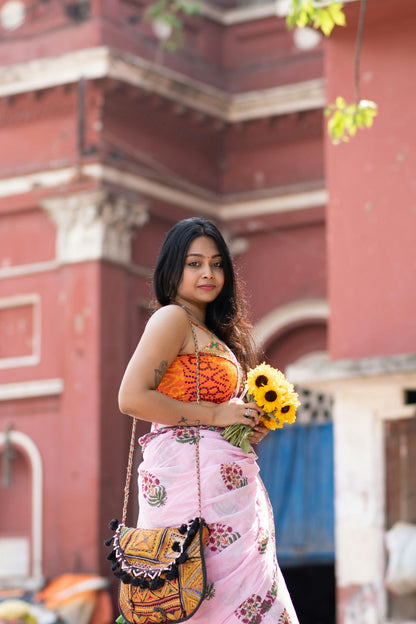 Pink Mughal Print Mul Cotton Saree