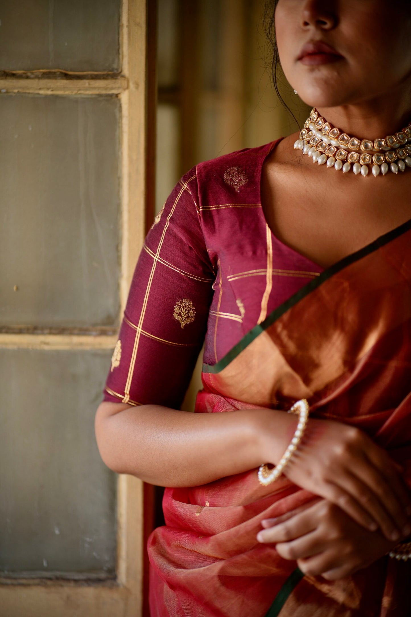 Maroon Chanderi Elbow Sleeve Blouse