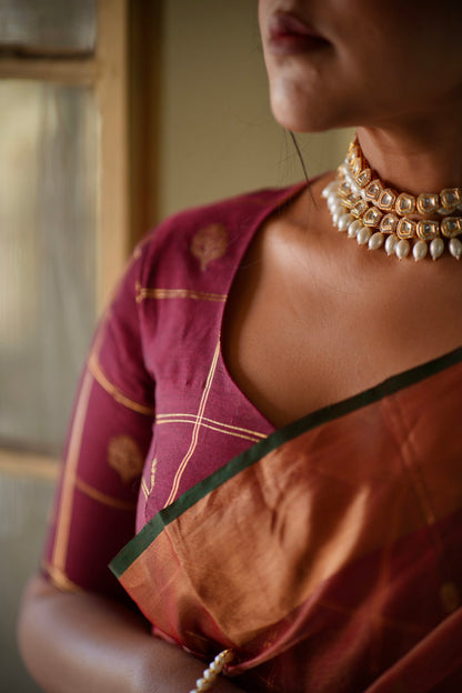 Maroon Chanderi Elbow Sleeve Blouse