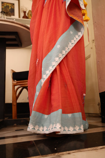 Amber Glow Mulmul Patchwork Saree