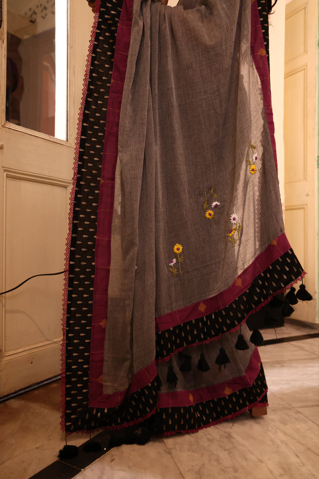 Dove Mist Mulmul Patchwork Saree