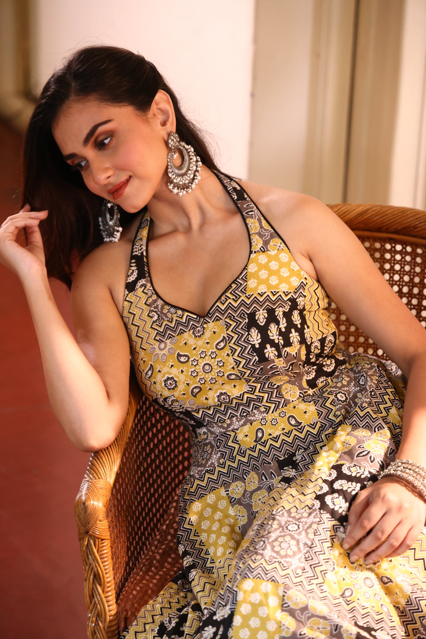 Mustard Mosaic Halter Maxi Dress