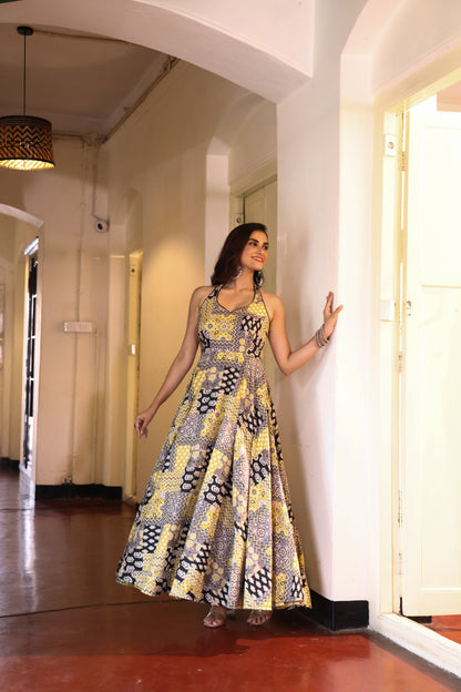 Mustard Mosaic Halter Maxi Dress