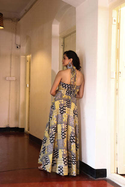Mustard Mosaic Halter Maxi Dress