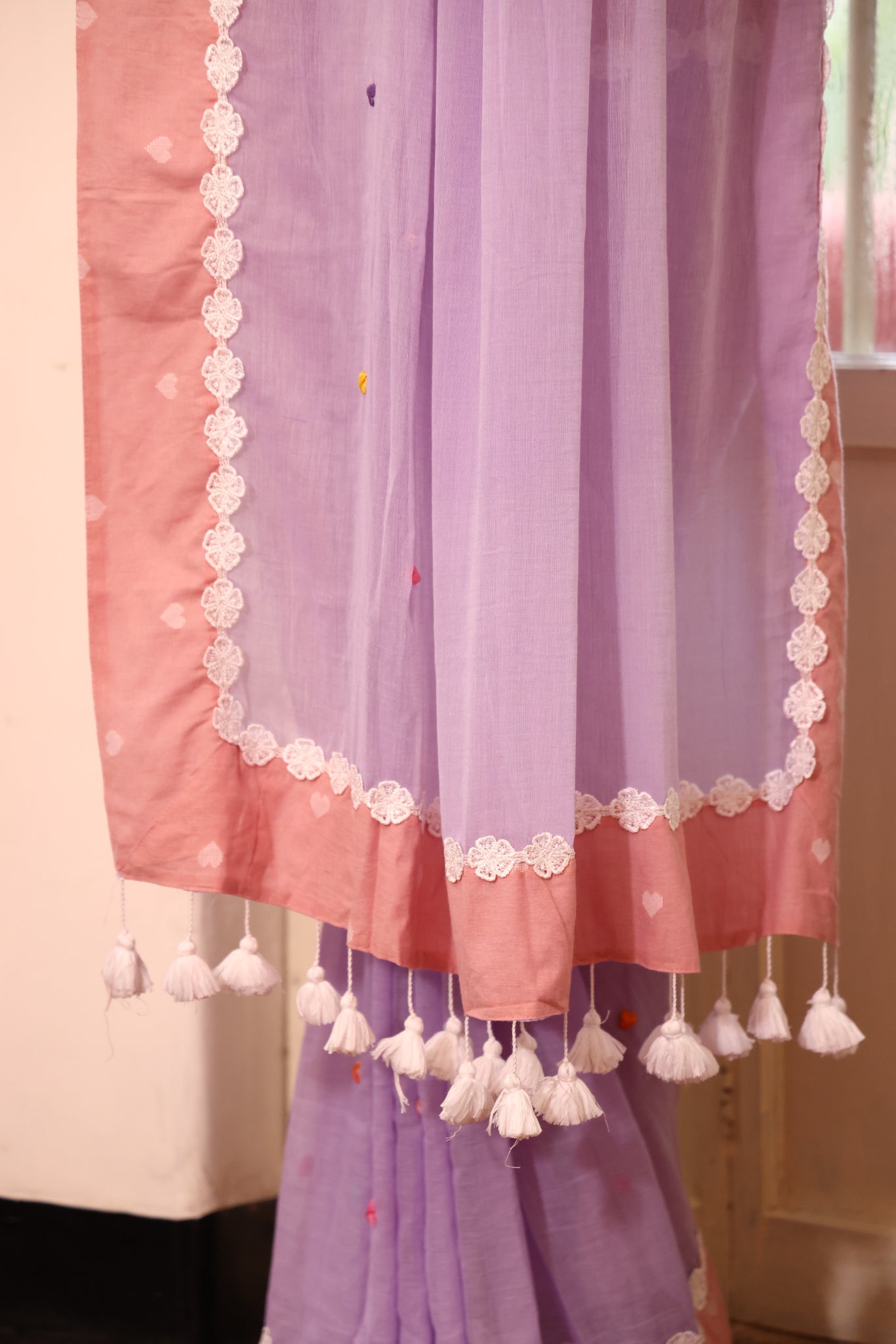 Lilac Bloom Mulmul Patchwork Saree