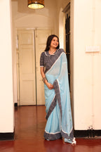 Cloudless Sky Mulmul Patchwork Saree