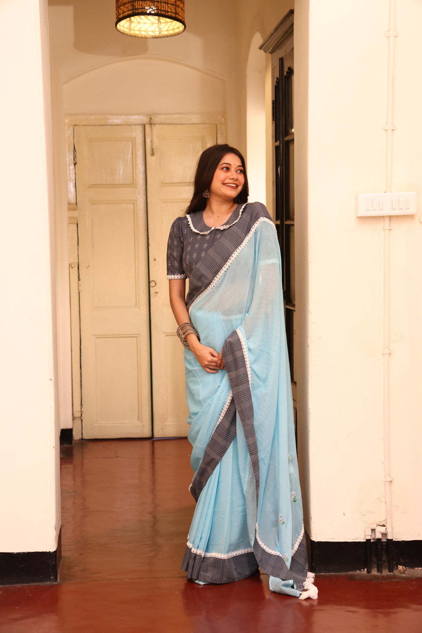 Cloudless Sky Mulmul Patchwork Saree