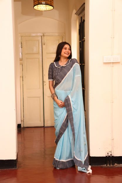 Cloudless Sky Mulmul Patchwork Saree