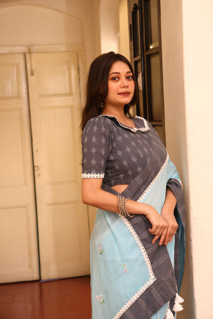 Cloudless Sky Mulmul Patchwork Saree