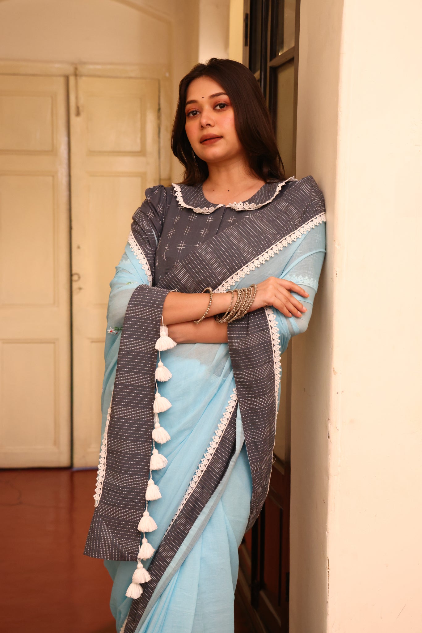 Cloudless Sky Mulmul Patchwork Saree