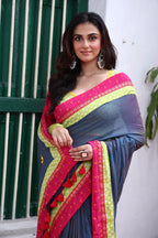 Ashen Bloom Mulmul Patchwork Saree