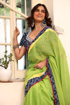 Neon Mirage Mulmul Patchwork Saree