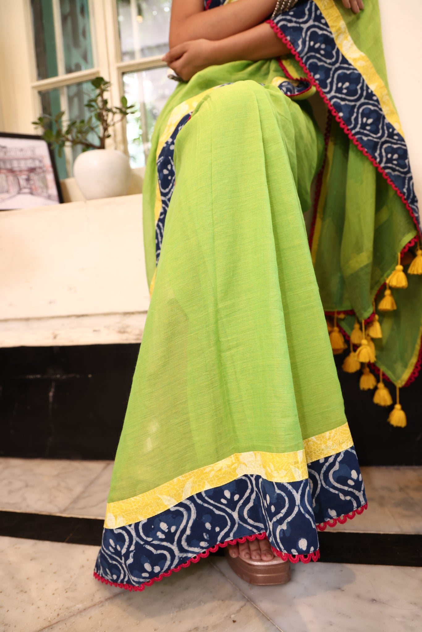 Neon Mirage Mulmul Patchwork Saree