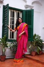 Fuchsia Flame Mulmul Patchwork Saree