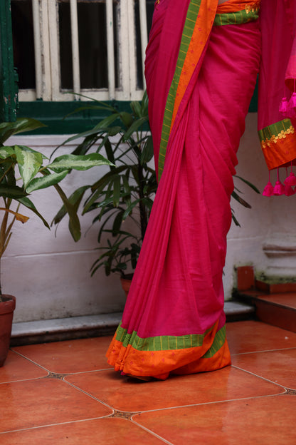 Fuchsia Flame Mulmul Patchwork Saree