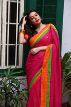Fuchsia Flame Mulmul Patchwork Saree