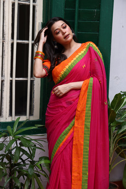 Fuchsia Flame Mulmul Patchwork Saree