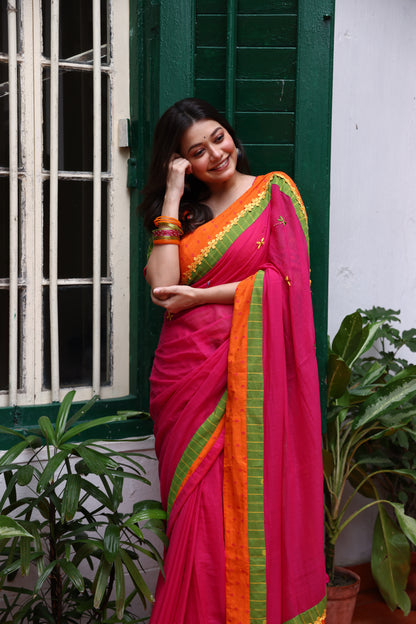 Fuchsia Flame Mulmul Patchwork Saree