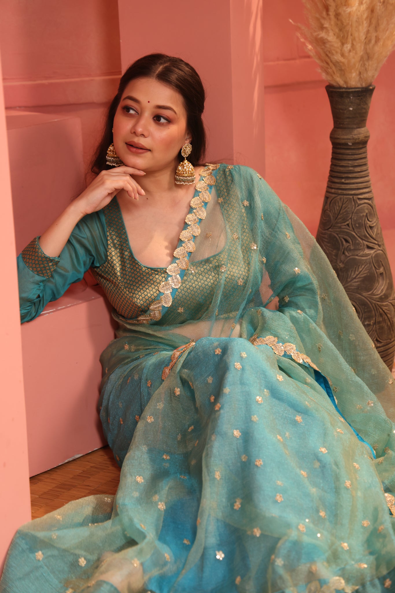 Naira Teal Brocade Blouse