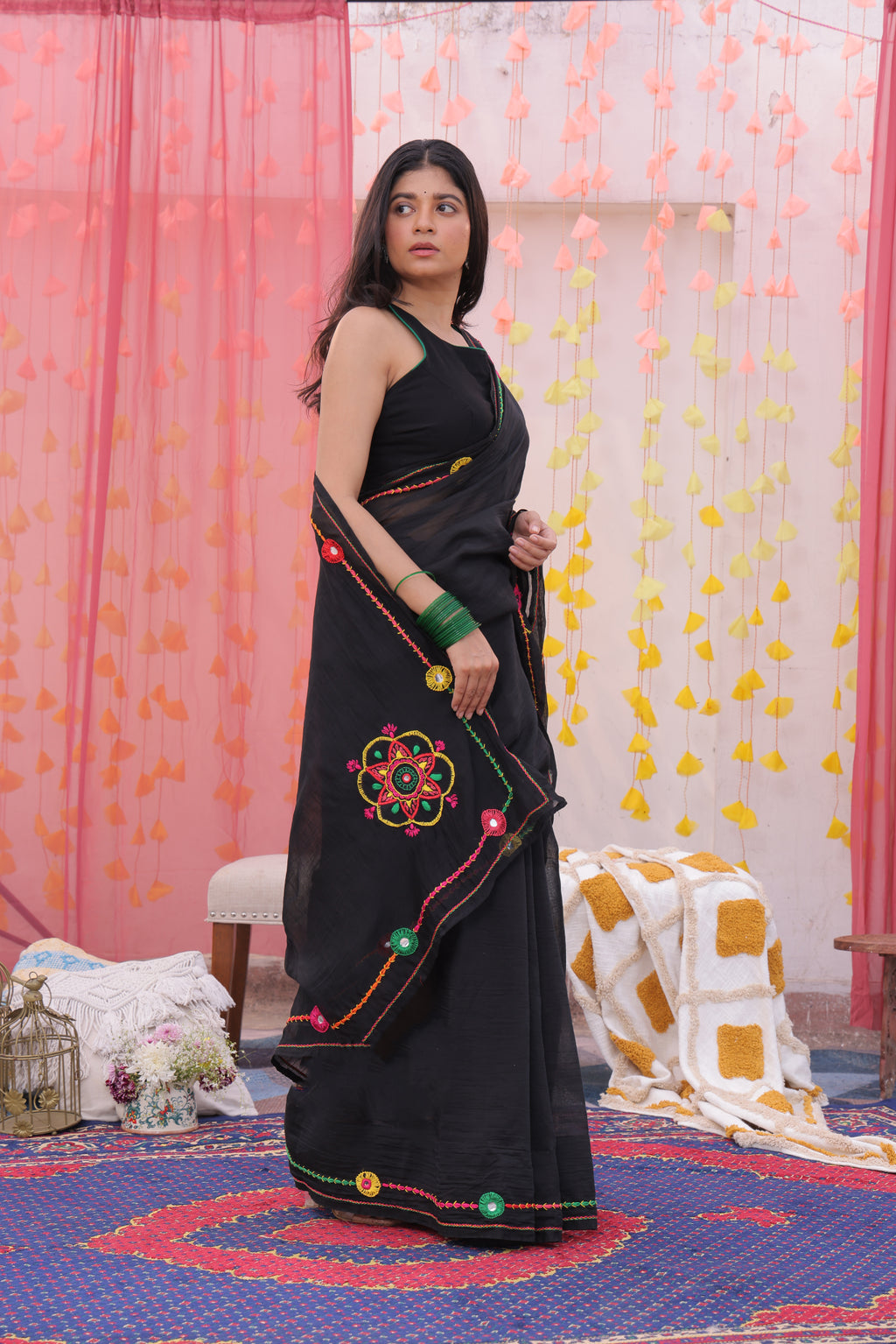 Black Mandala Hand Embroidered Saree