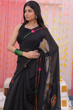 Black Mandala Hand Embroidered Saree