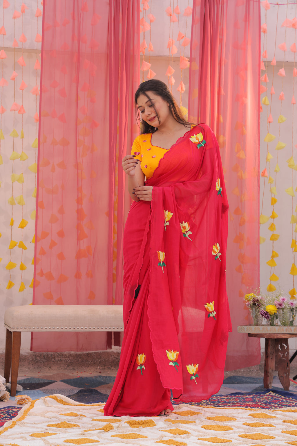 Yellow Lotus Mulmul Saree