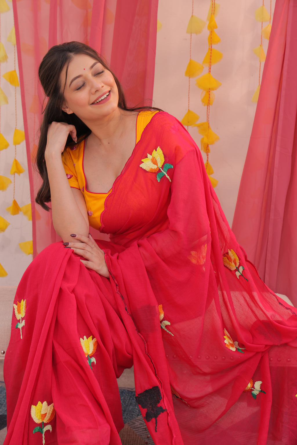 Yellow Lotus Mulmul Saree