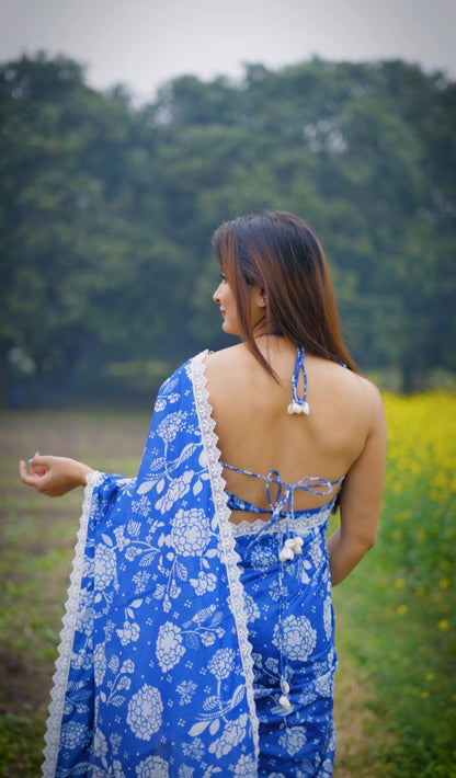 Blue Floral Chanderi Saree