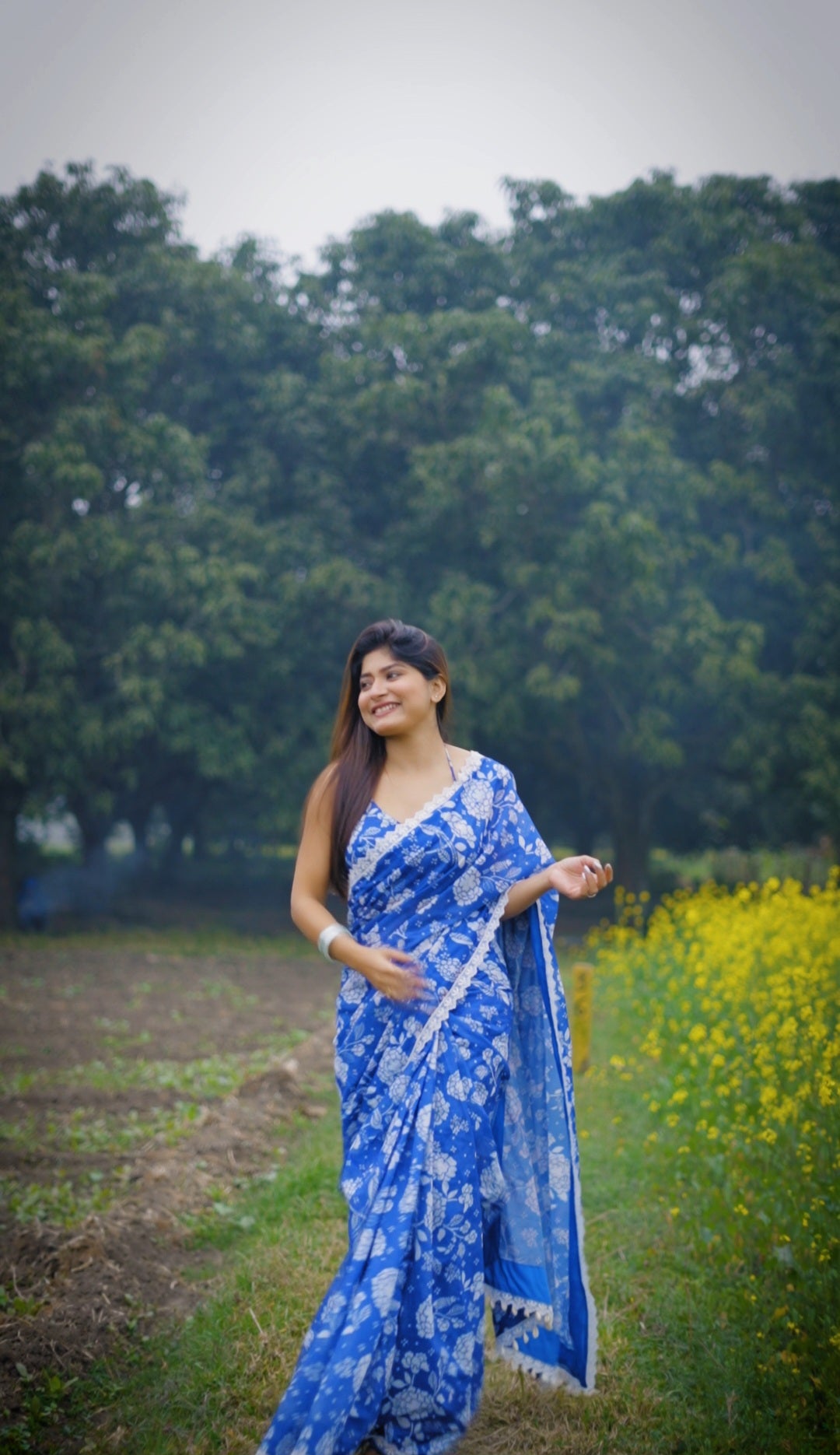 Blue Floral Chanderi Saree