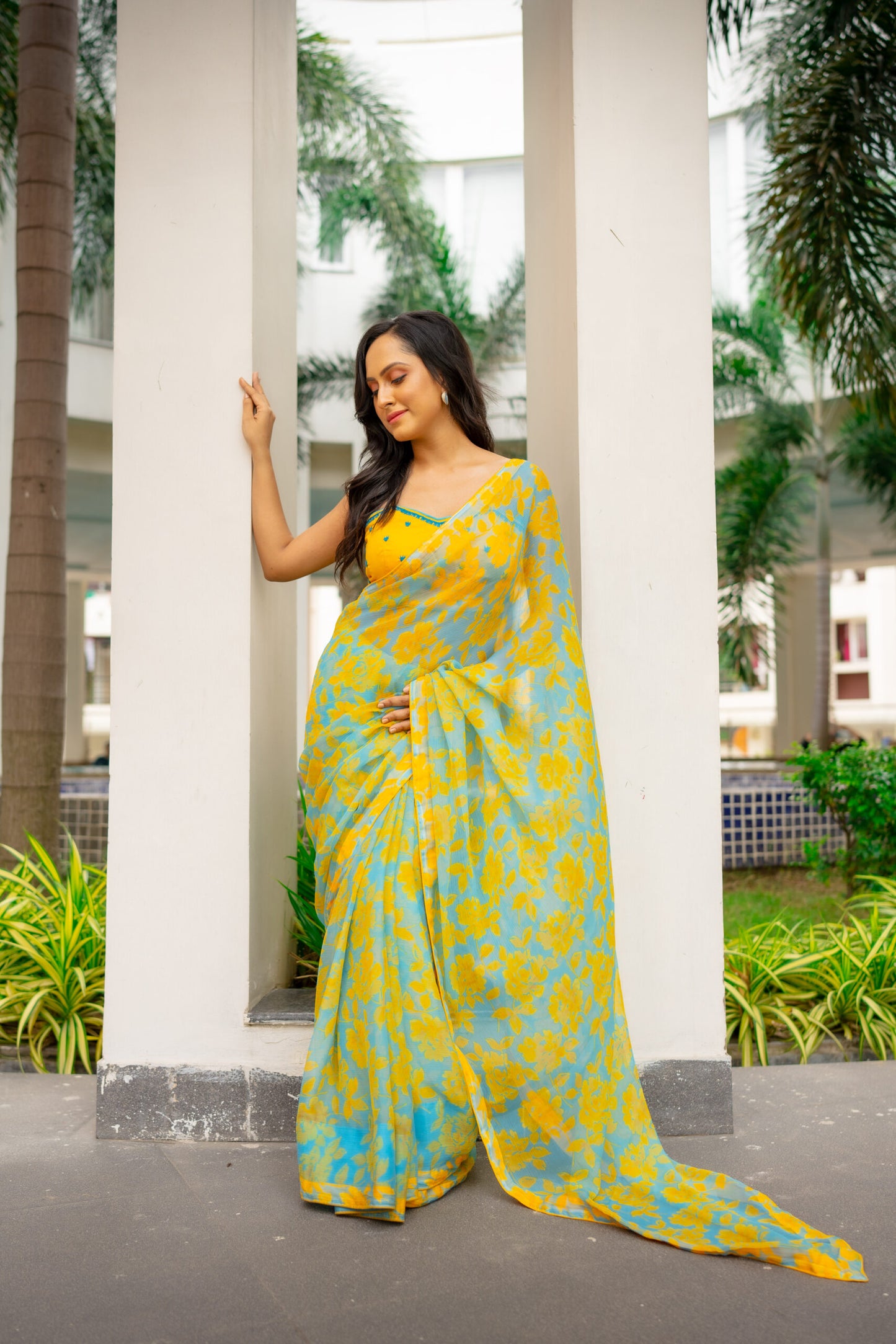 Sky Blue Floral Chiffon Saree