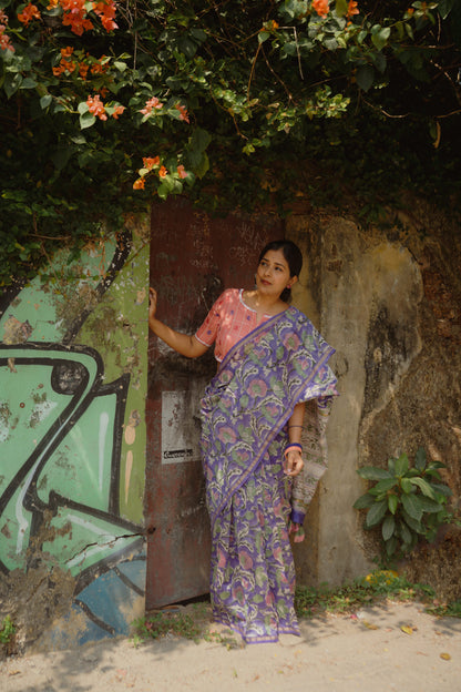 Purple Floral Chanderi Cotton Silk Saree