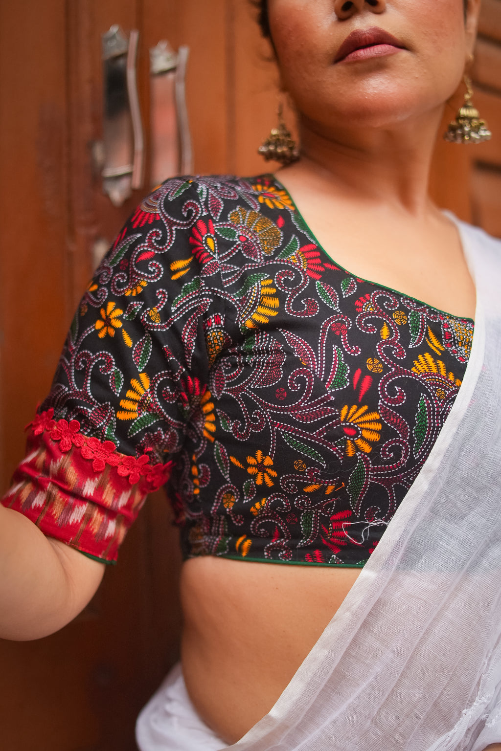 Black Kantha Printed Patchwork Blouse