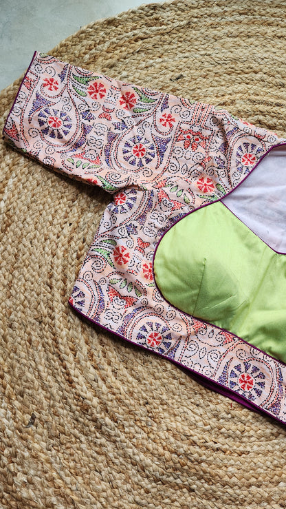 Peach Kantha Printed Patchwork Blouse